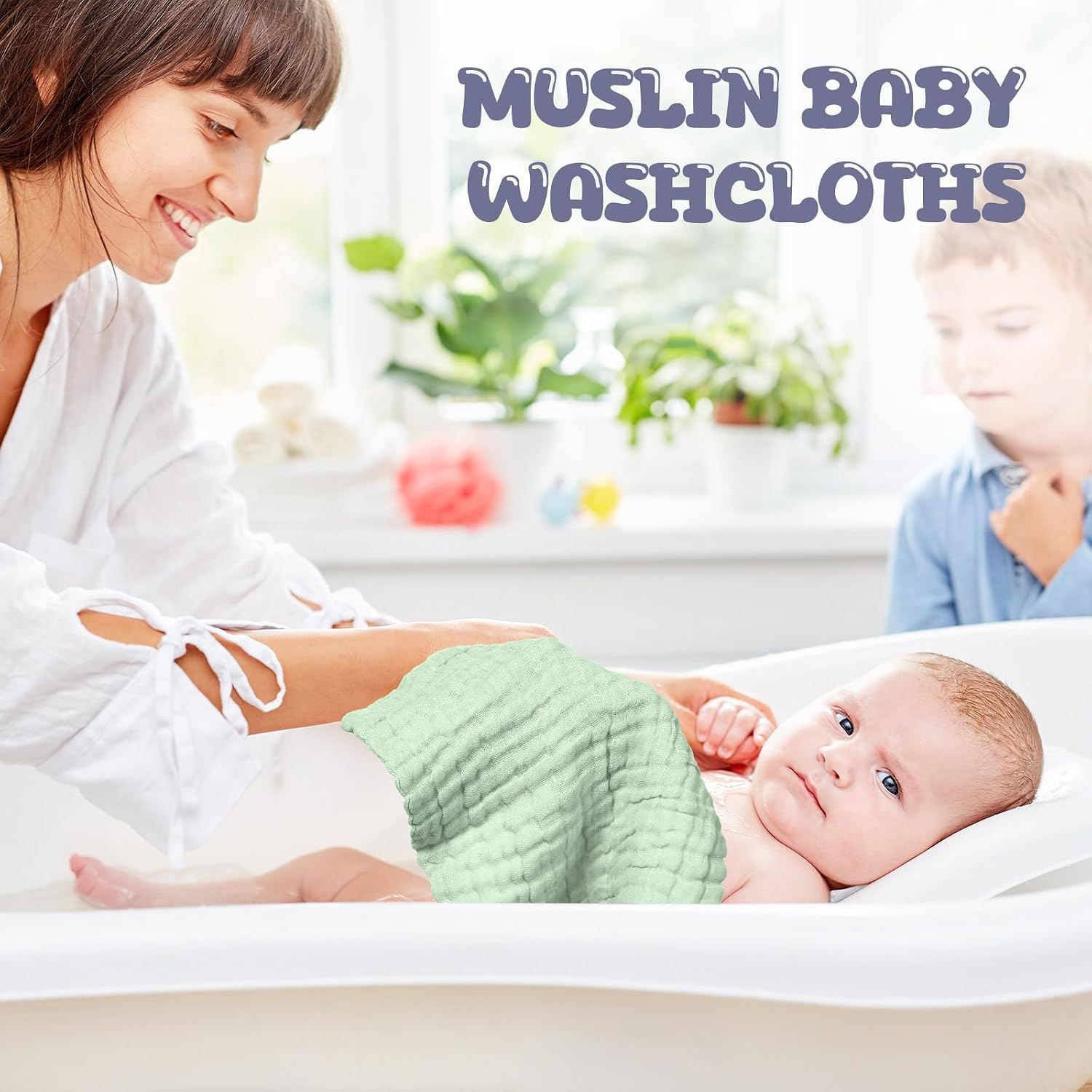 Breling 20 Pcs Baby Muslin Washcloth 12x12 in, White, Light Green, Green