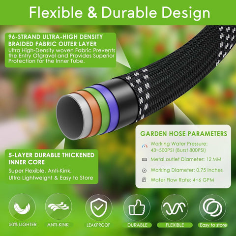 Flexible Garden Hose 100 ft, 2026 New No Kink Water Hose 100ft, 10 Function Nozzle, Solid Brass Fittings, Reinforced Outer Fabric & Inner Core, Ultra Lightweight for Gardening, Cleaning, Car Washing