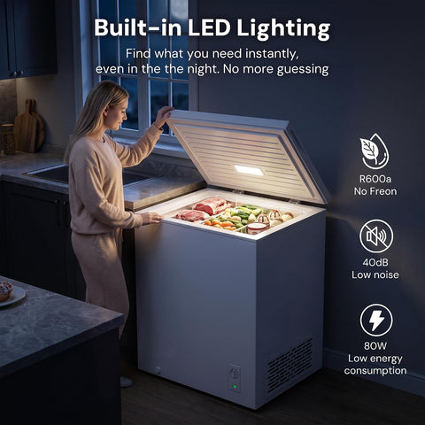 Uthfy Chest Freezer, 2.05 Cu.ft Deep Freezer with Interior LED Light,2 Removable Baskets, Top Door, 7 Level Adjustable Temperature