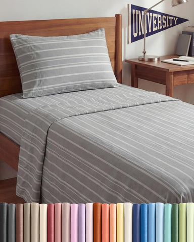 Twin XL 3 Piece Sheet Set - College Dorm Room Essentials - Grey Stripes
