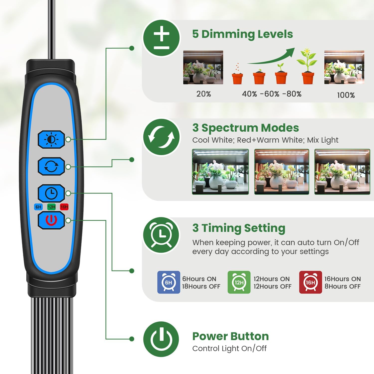 Kullsinss 16in Grow Lights for Indoor Plants, 3-Bar 180 LEDs Full Spectrum