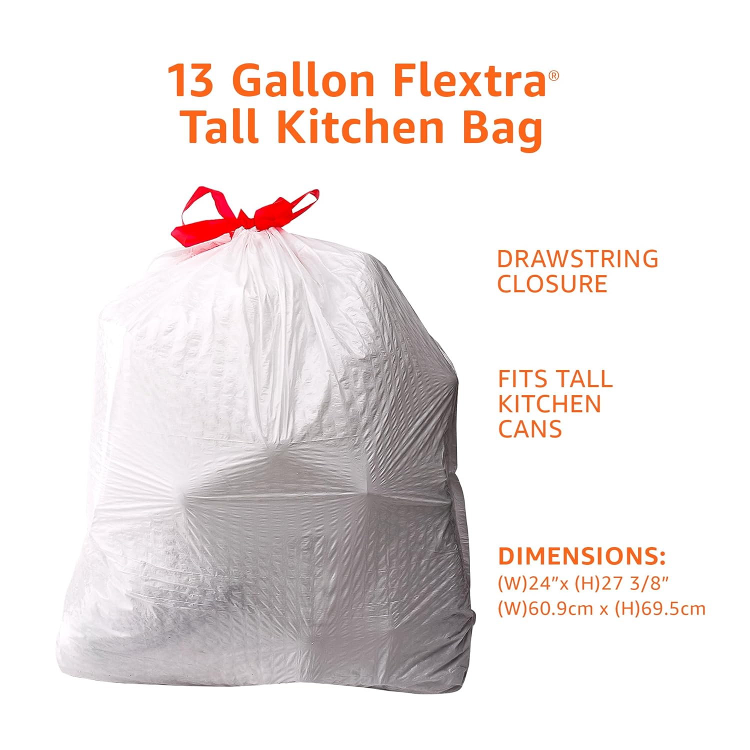 Amazon Basics Flextra Tall Kitchen Drawstring Trash Bags, 13 Gallon, Tear-Resistant, Unscented, 50 Count (Pack of 6)