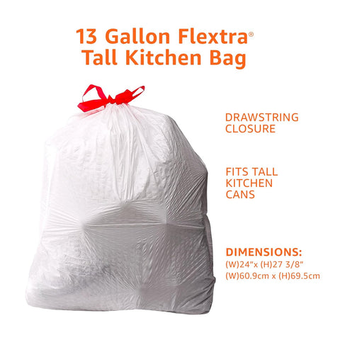 Amazon Basics Flextra Tall Kitchen Drawstring Trash Bags, 13 Gallon, Tear-Resistant, Unscented, 50 Count (Pack of 6)