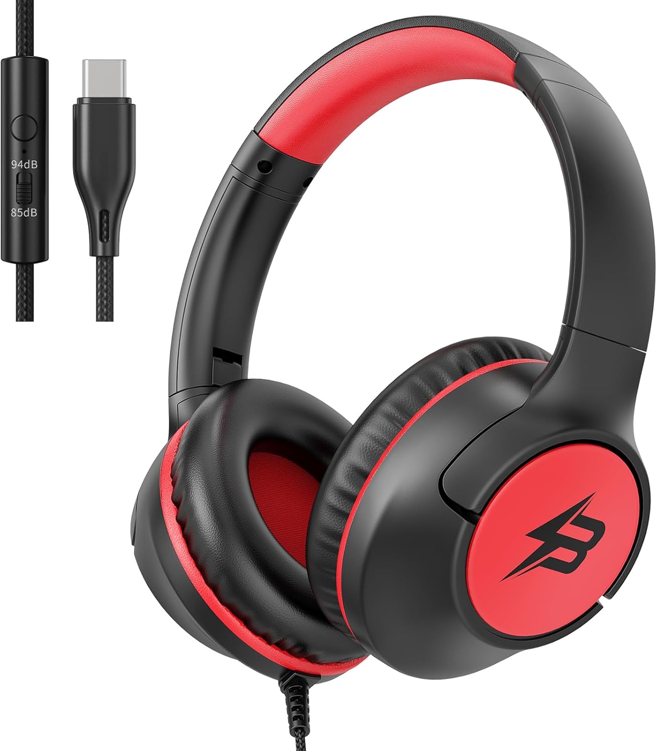 USB C Headphones Wired for Kids, 85/94dB Volume Limit With Mic, Black Red