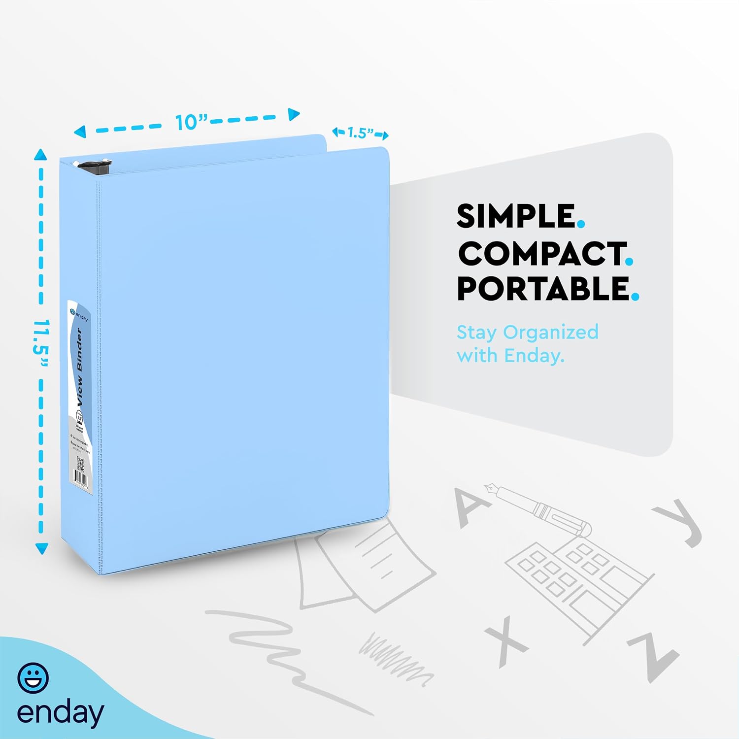 Enday 1.5 Inch Binder, Blue - 1.5 Inch 3 Ring Binder, Round Ring Pastel with Clear View Cover for Letter Size 8.5 x 11'' Paper & 2 Inside Pockets, Ideal for School Supplies, Office, and Home