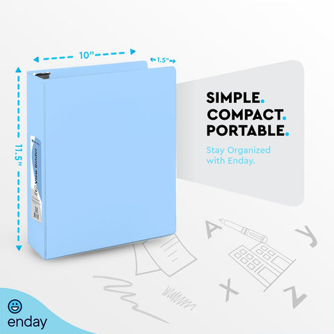 Enday 1.5 Inch Binder, Blue - 1.5 Inch 3 Ring Binder, Round Ring Pastel with Clear View Cover for Letter Size 8.5 x 11'' Paper & 2 Inside Pockets, Ideal for School Supplies, Office, and Home