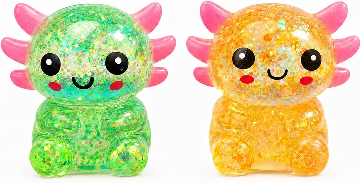 2 Packs Axolotl Squishy Toy, Glitter Fidget Toys Cute Axolotl Stress Relief Squeeze Toy Gifts for Kids Adult, Squishies Toys，orangegreen