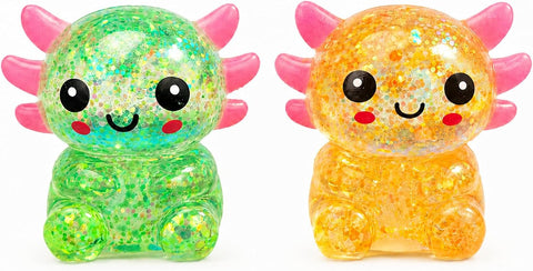 2 Packs Axolotl Squishy Toy, Glitter Fidget Toys Cute Axolotl Stress Relief Squeeze Toy Gifts for Kids Adult, Squishies Toys，orangegreen