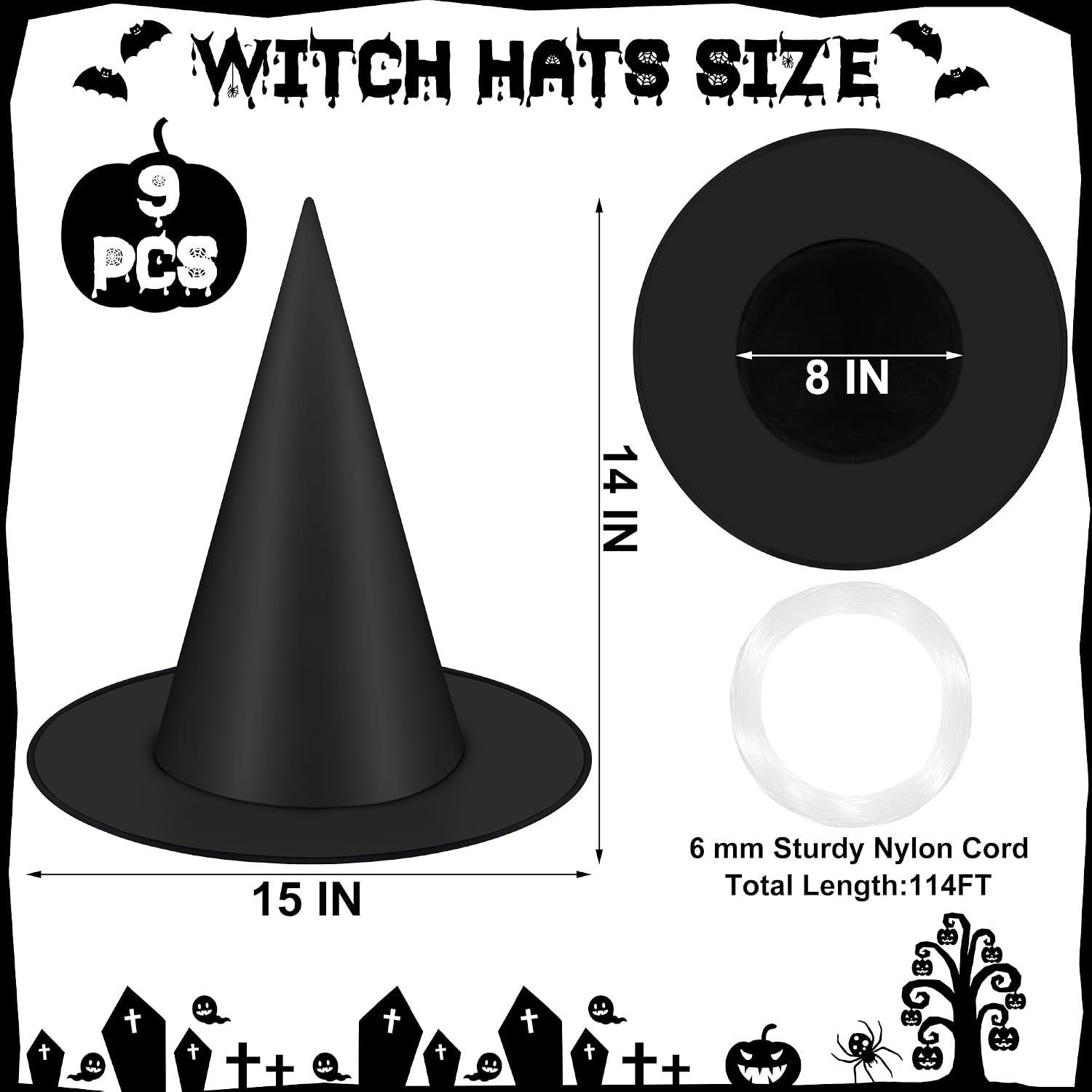 9Pcs Witch Hats, Black Hanging Witch Hats Halloween Decorations
