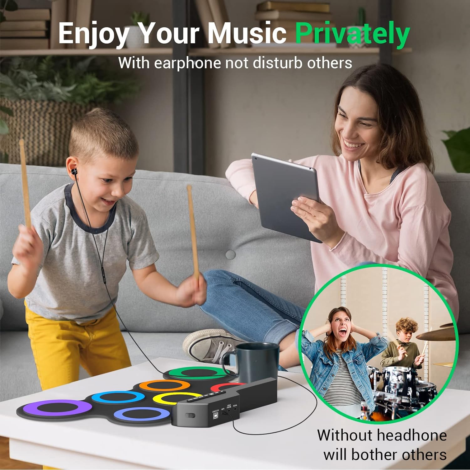 ROCKSOCKI Electric Drum Set, 7-Pad Kids Electronic Drum Set with Headphone Included, Roll-up Drum Practice Pad, Great Holiday Xmas Birthday Gift for Kids