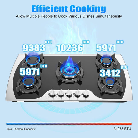 Gas Cooktop 36'' Gas Stove Top with 5 Burners Suitable for Dual Fuel LPG/NG, Tempered Glass Stovetop Cooker for for Kitchen, Home, Apartments, RVs