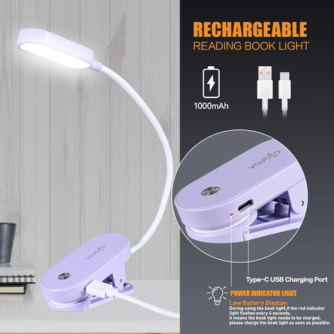 VAVOFO Rechargeable Book Light, 14 LEDs Eye Care Clip On Amber Reading Light for Bookworms Reading in Bed with 9 Colors 9 Brightness (Purple)