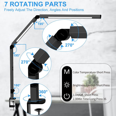 LED Desk Lamp with Clamp, Architect Desk Lamp for Home Office with Remote Control, Swing Arm Clamp on Computer Light, Clip-on Eye-Care Adjustable 5 Brightness Levels Table Light for Working Drafting