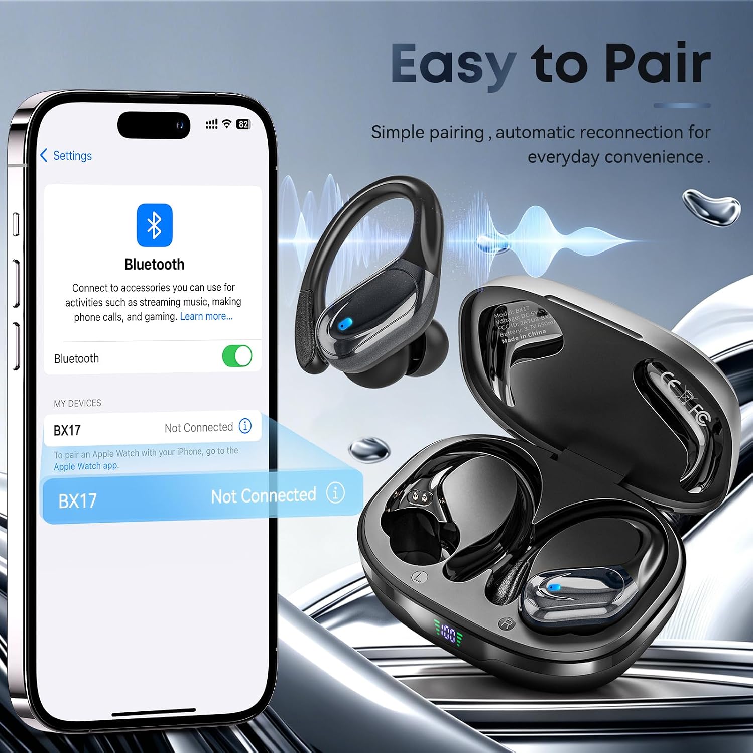 HAOYUYAN Wireless Earbuds, Sports Bluetooth Headphones, 80Hrs Playtime Ear Buds with LED Power Display, Noise Canceling Headset, IPX7 Waterproof Earphones for Workout/Running
