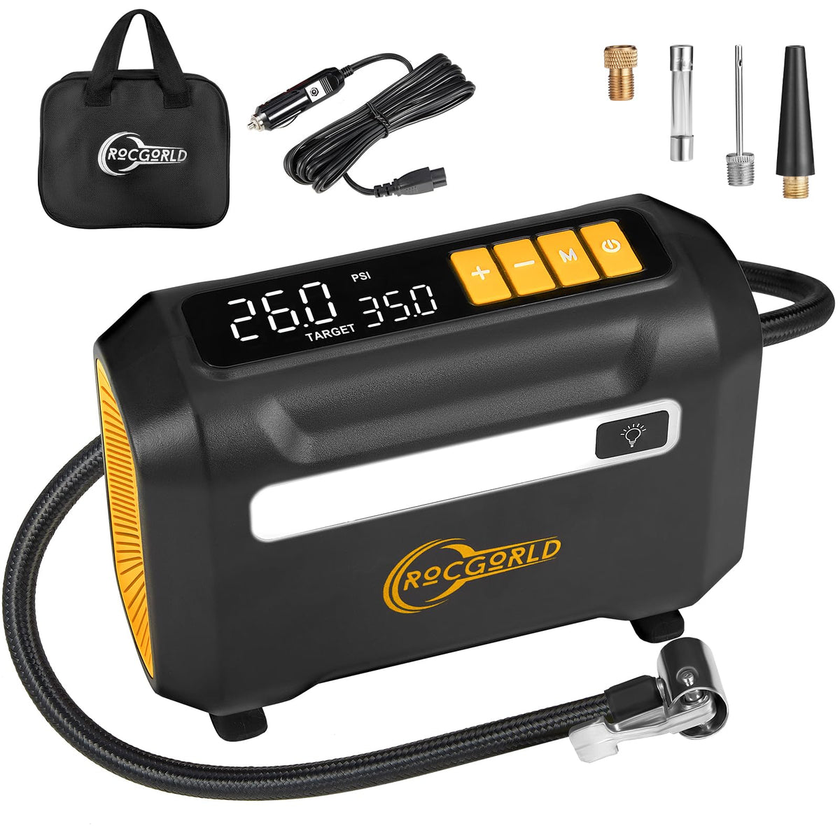 ROCGORLD R8 Tire Inflator Portable Air Compressor, DC 12V Portable Air Compressor with Large Dual Digital Screen, 3X Faster Inflation Portable Air Pump for Car Tires, Bike, Motor - Car Accessories
