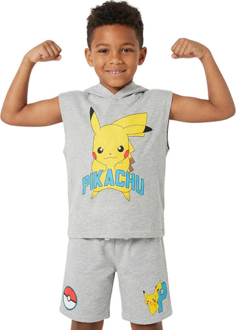 Pokemon Boys Pikachu Fleece Hooded Muscle Tank and Sweat Shorts Set 4-20