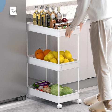SPACELEAD 3 Tier Rolling Cart with Wheels, Storage Craft Art Trolley Organizer Serving, 3 Hanging Baskets Easy Assembly, for Office, Bathroom，Living Room, Kitchen, White