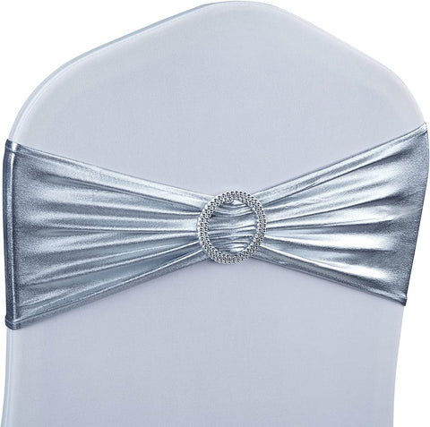 Babenest 50PCS Spandex Chair Sashes Bows with Buckle Metallic Silver