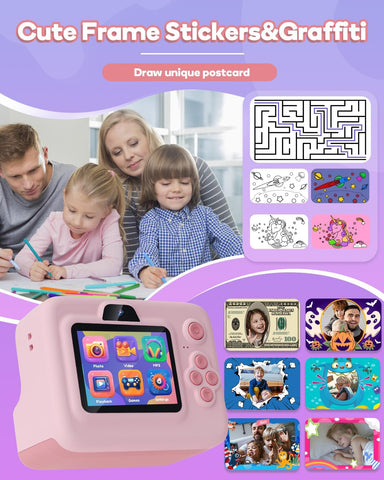 Dylanto Kids Camera Instant Print,1080P Kids Instant Cameras that Print Photos,Christmas Birthday Gifts for Girls Age 3-12,Portable Toy for 3 4 5 6 7 8 9 10 Year Old Girls Boys Pink