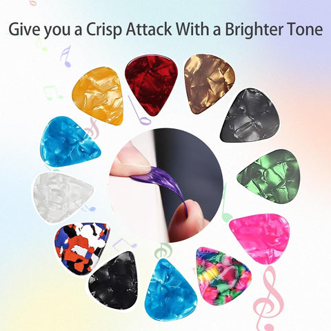 21 Pack Guitar Picks with Organizer Storage Box, 4 Different Thickness Colorful Celluloid Guitar Picks Plectrums for Acoustic Guitar, Electric Guitar, Bass, Ukulele