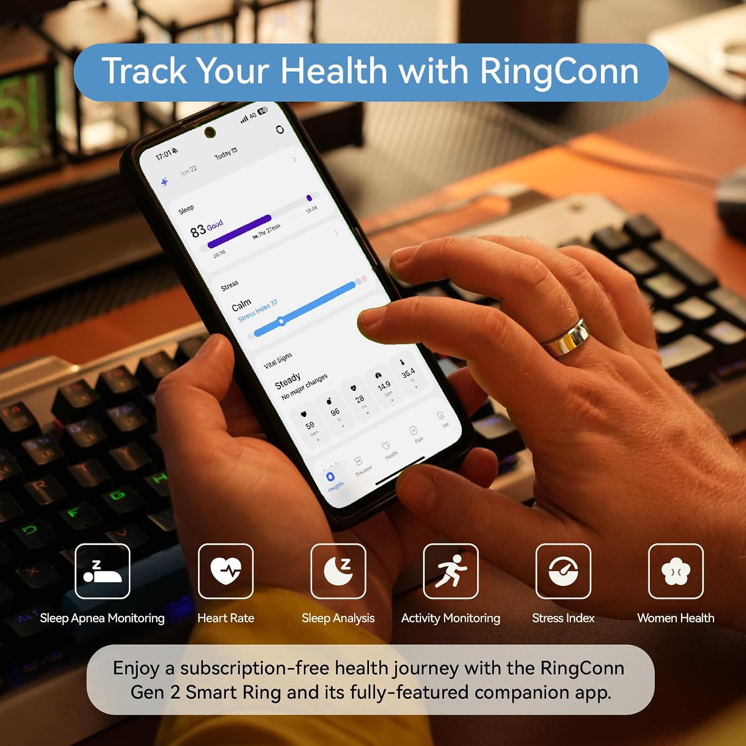 RingConn Gen 2 Smart Ring - Sleep Apnea Monitoring(Gold, Size 9)