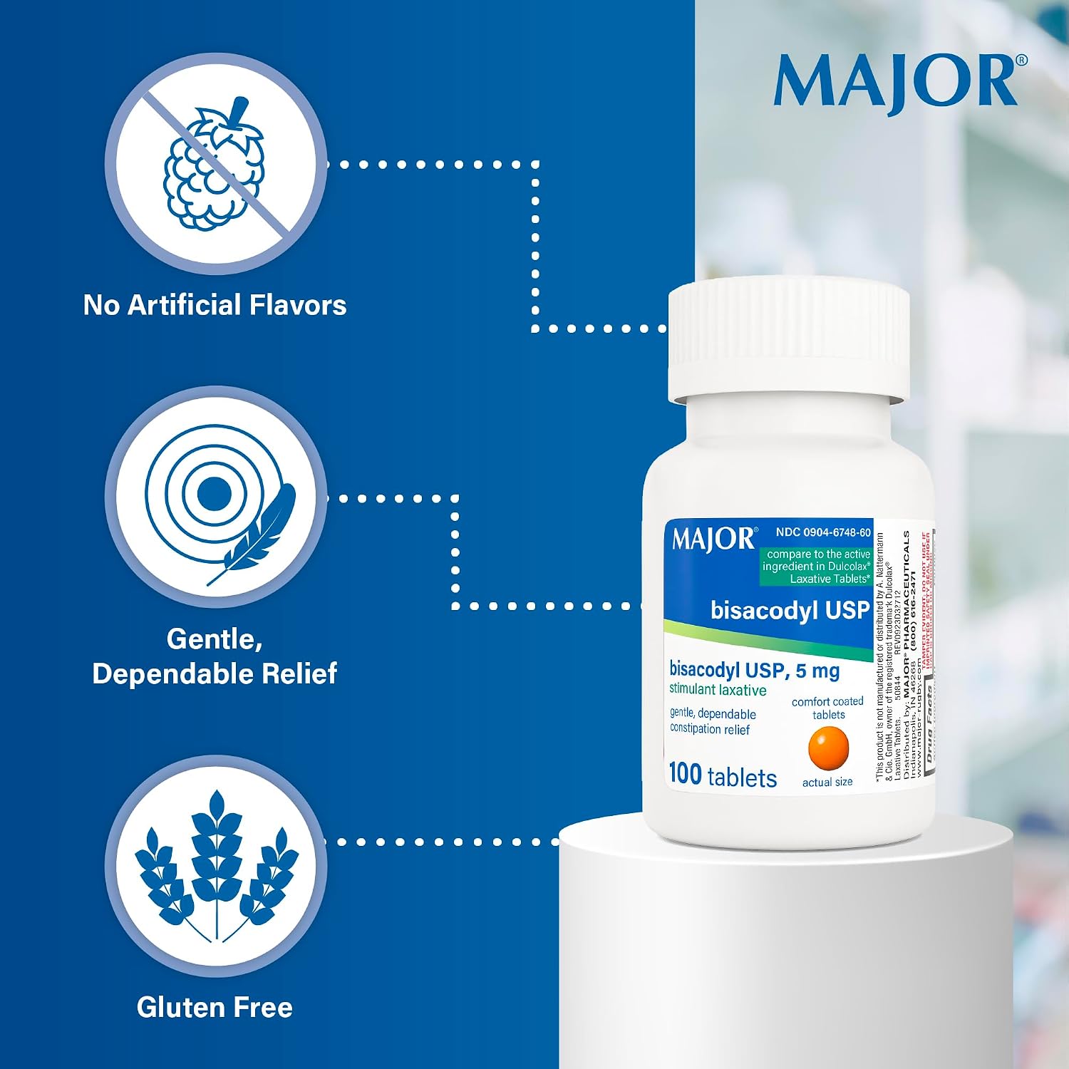 MAJOR Bisacodyl USP 5mg, Gentle Stimulant Laxative Tablets for Occasional Constipation Relief & Irregularity, 100 Count (1-Pack)