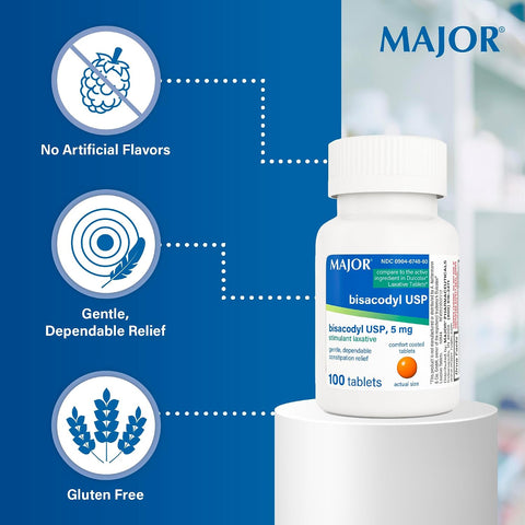 MAJOR Bisacodyl USP 5mg, Gentle Stimulant Laxative Tablets for Occasional Constipation Relief & Irregularity, 100 Count (1-Pack)