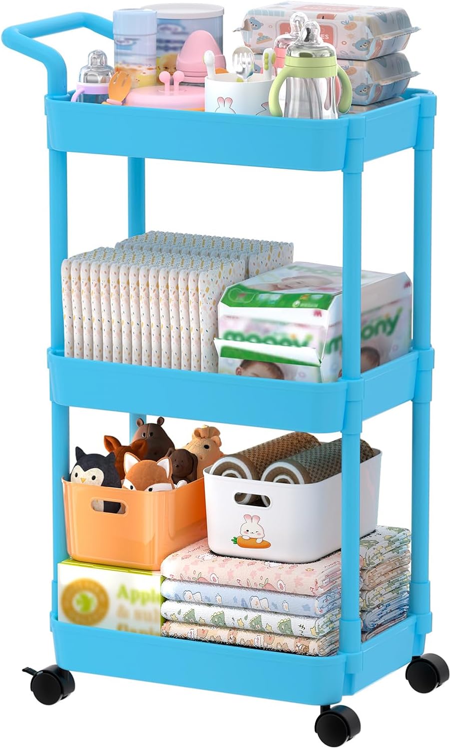 Volnamal Diaper Caddy, 3 Tier Rolling Cart for Baby Essentials, Blue