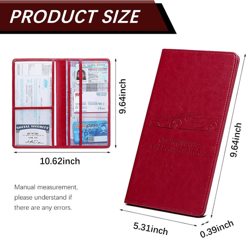 Car Registration and Insurance Card Holder for Women Men, Red Glove Box Paperwork Organizer with Magnetic Buckle for Easy Access and Protect Documents and Various Cards in Vehicle