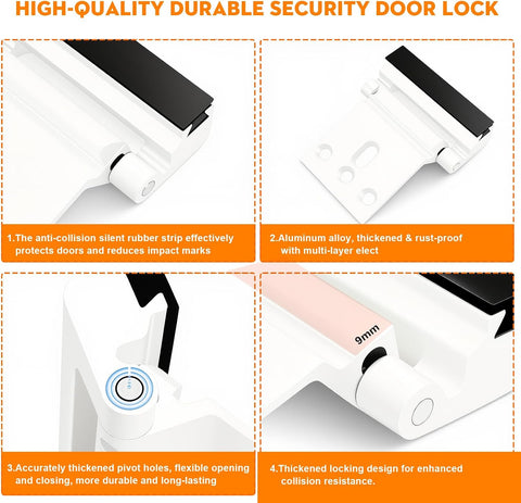 Home Security Door Reinforcement Lock, Upgraded Front Door Locks for Kids Safety Withstand 800 lbs, Child Proof Door Lock, Extra Door Lock from Inside Prevent Unauthorized Entry (2 Pack, White)