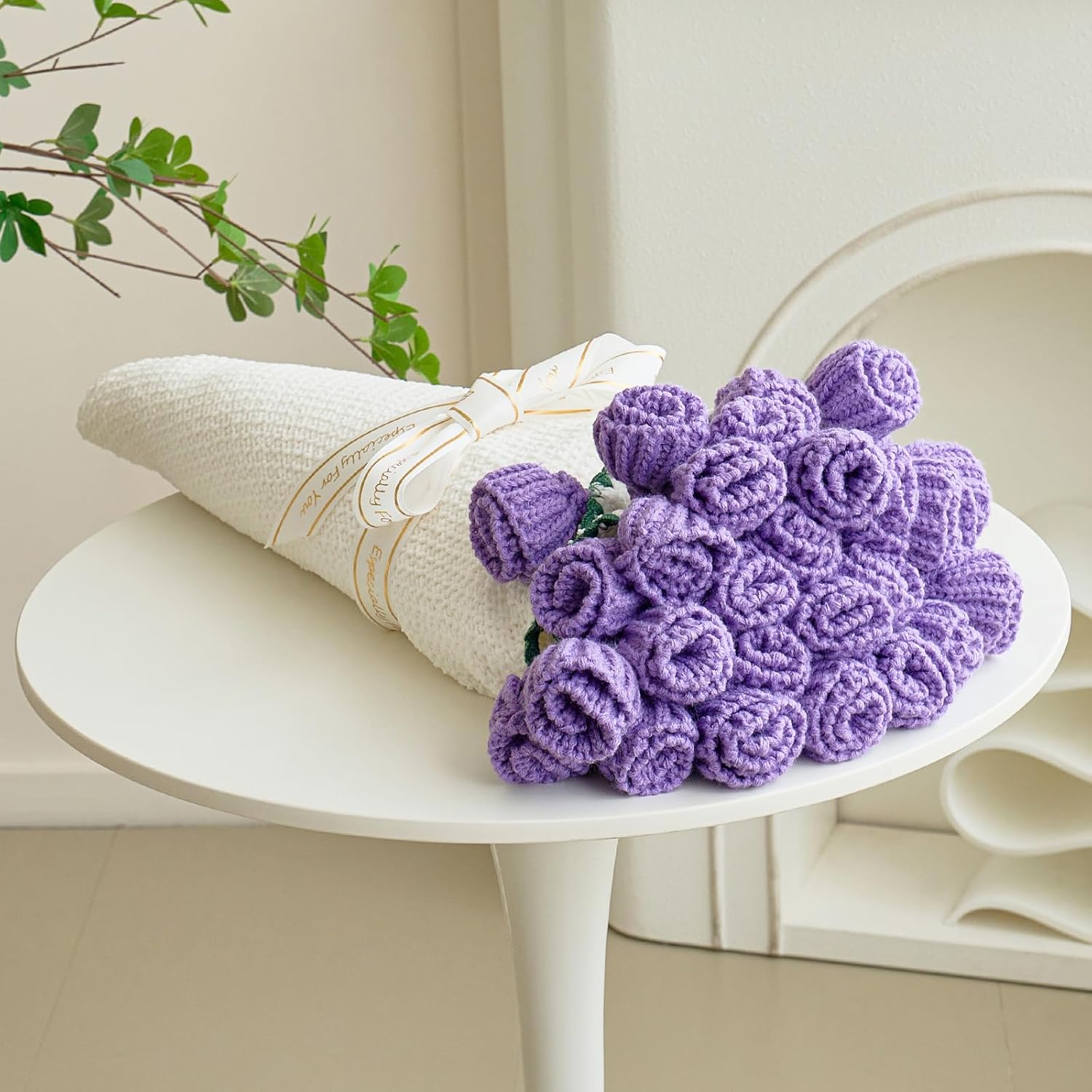Crochet Flower Bouquet Throw Blanket, Handmade Knitted Blanket with Tulip, Cute Romantic Gift for Her Girlfriend Mom Mother’s Day Valentine Wedding Anniversary Birthday, Purple 40 Inches