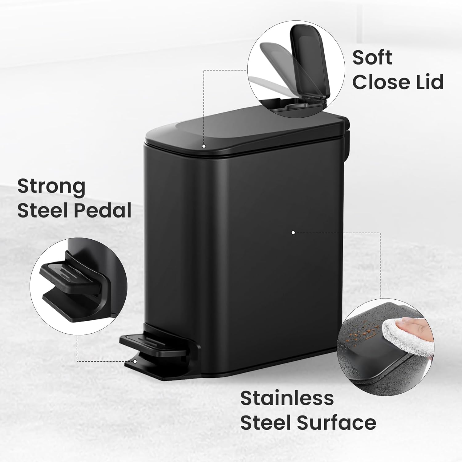Cesun Small Bathroom Trash Can with Lid, 1.6 Gal, Soft Close, Matte Black