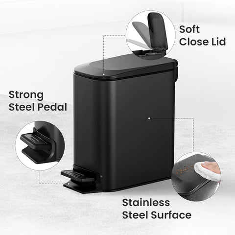 Cesun Small Bathroom Trash Can with Lid, 1.6 Gal, Soft Close, Matte Black