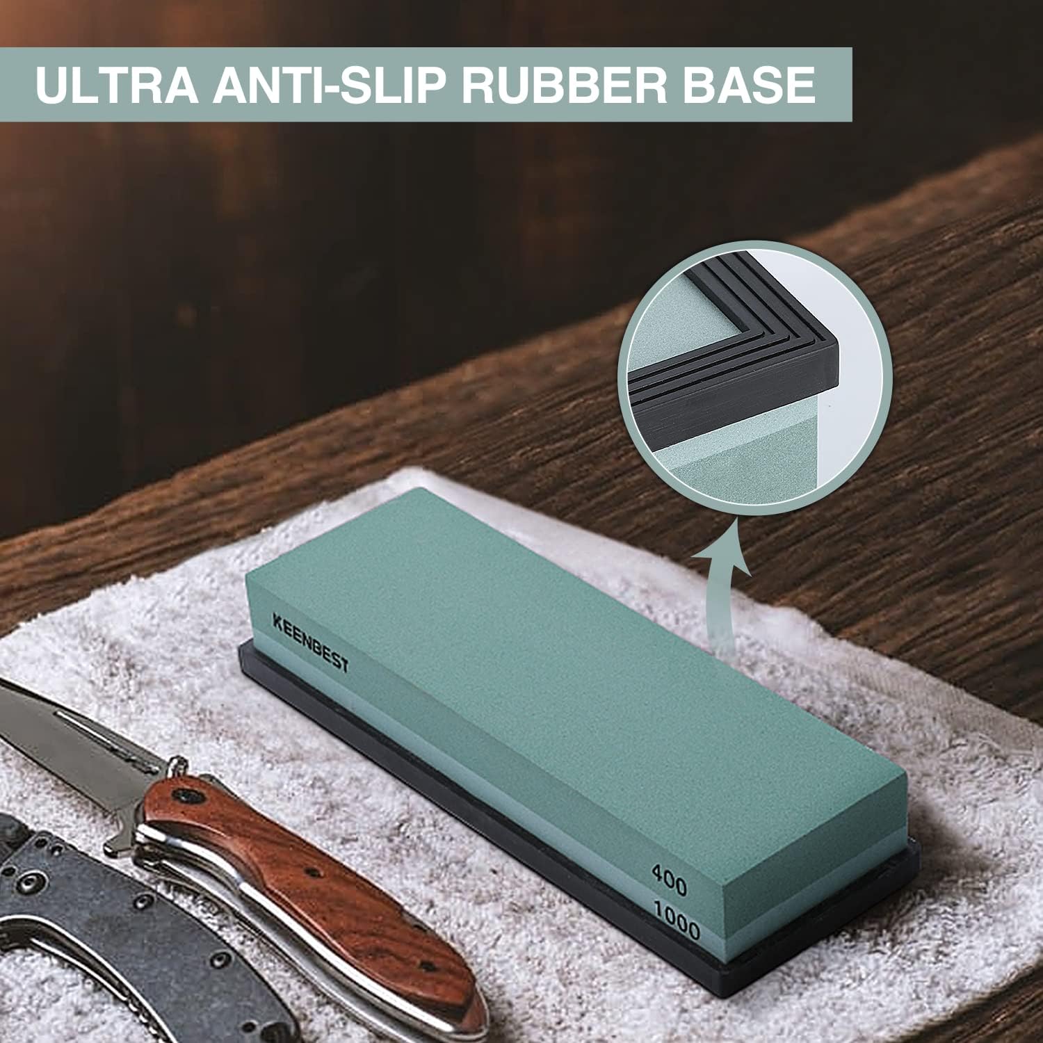 KEENBEST 400 1000 Premium Material Whetstone Sharpening Stone Set 2 Side Kitchen Knife Sharpener Stone Wet Stones for Sharping Knives Kit Non-slip Rubber Base