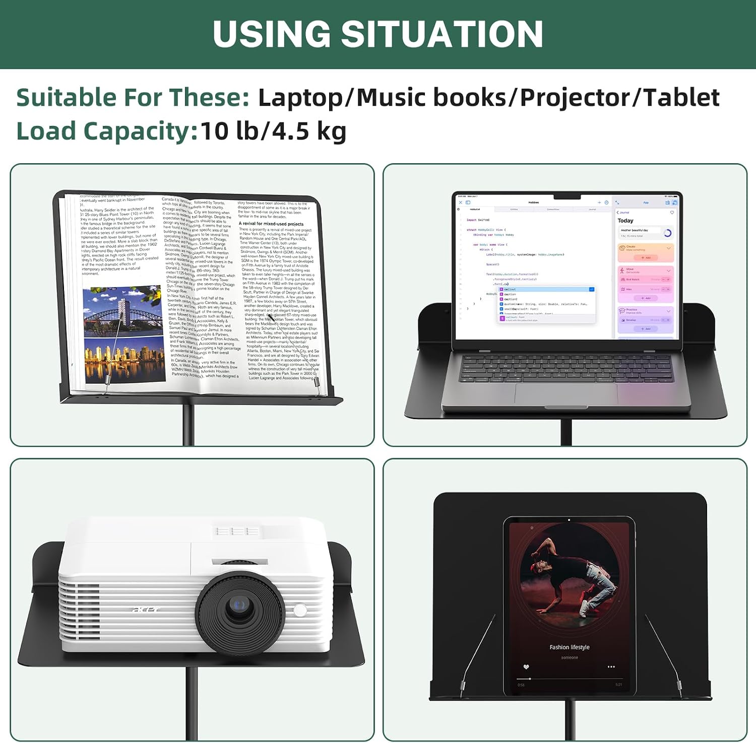 GLEAM Sheet Music Stand - Full Metal with Carrying Bag, Phone Holder, Sheet Music Folder and Clip, 5 in 1 Desktop Book Stand - Black