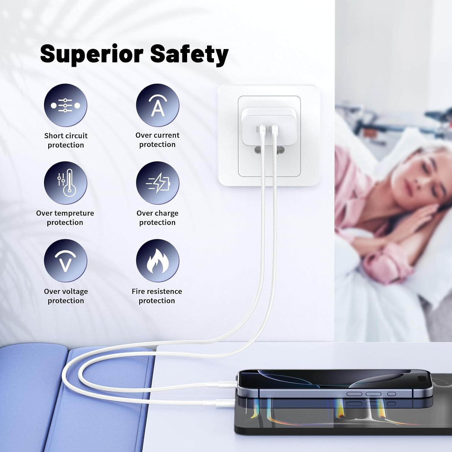 QZIIW iPhone 17 16 15 Pro Max Fast Charger,45W Dual Port USB C Fast Charger