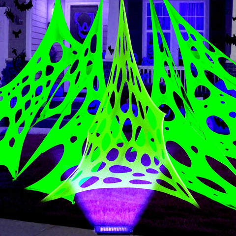 Glow in The Dark Green 1000 Sqft Uncut Giant Spider Web Halloween Decorations Outdoor with 1 Black Light &10 Ground Nails Stretchy Beef Cloth Netting DIY for Yard Party