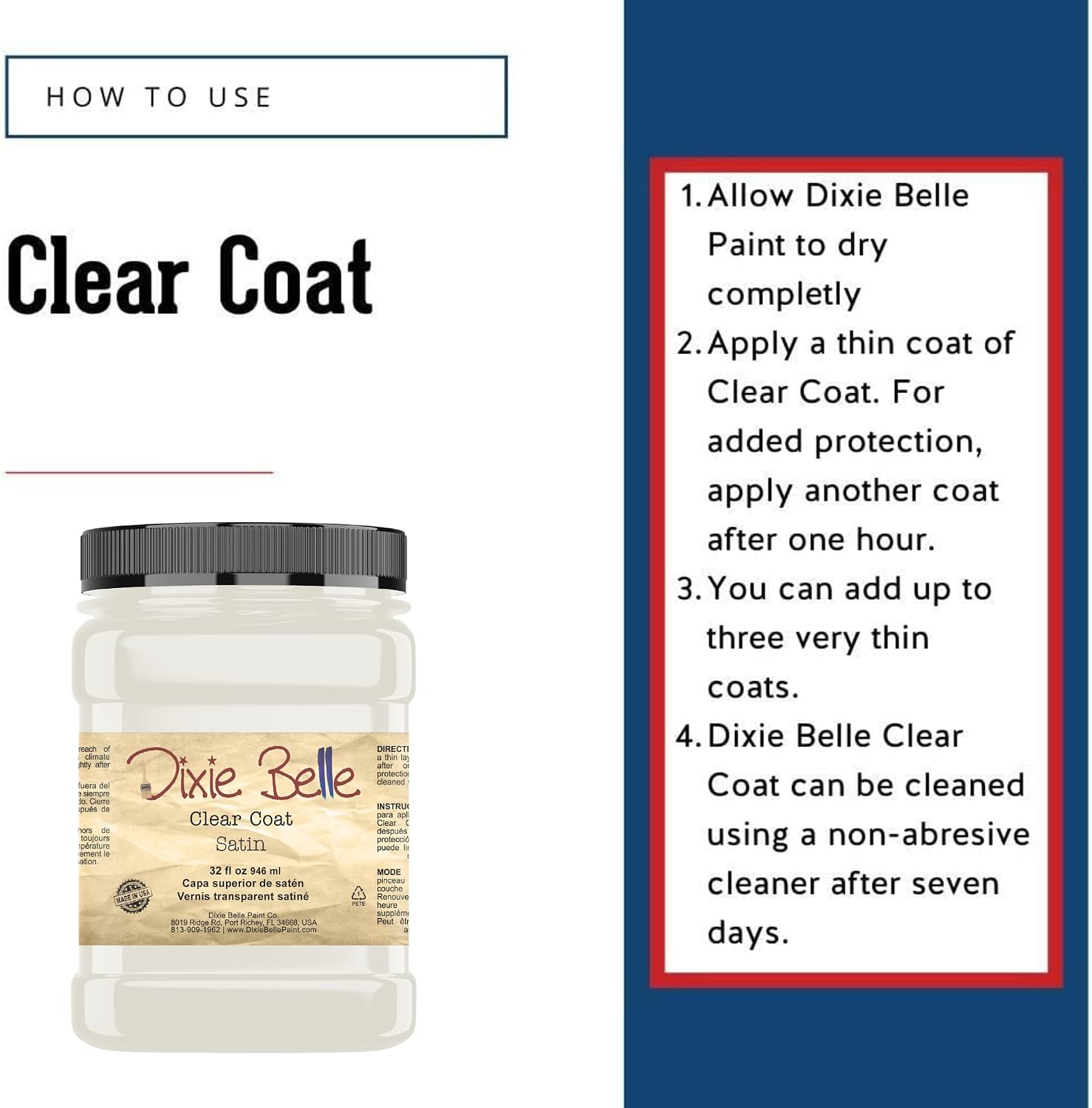 Dixie Belle Paint Company - Clear Coat Satin (32oz) - Polyacrylic Topcoat