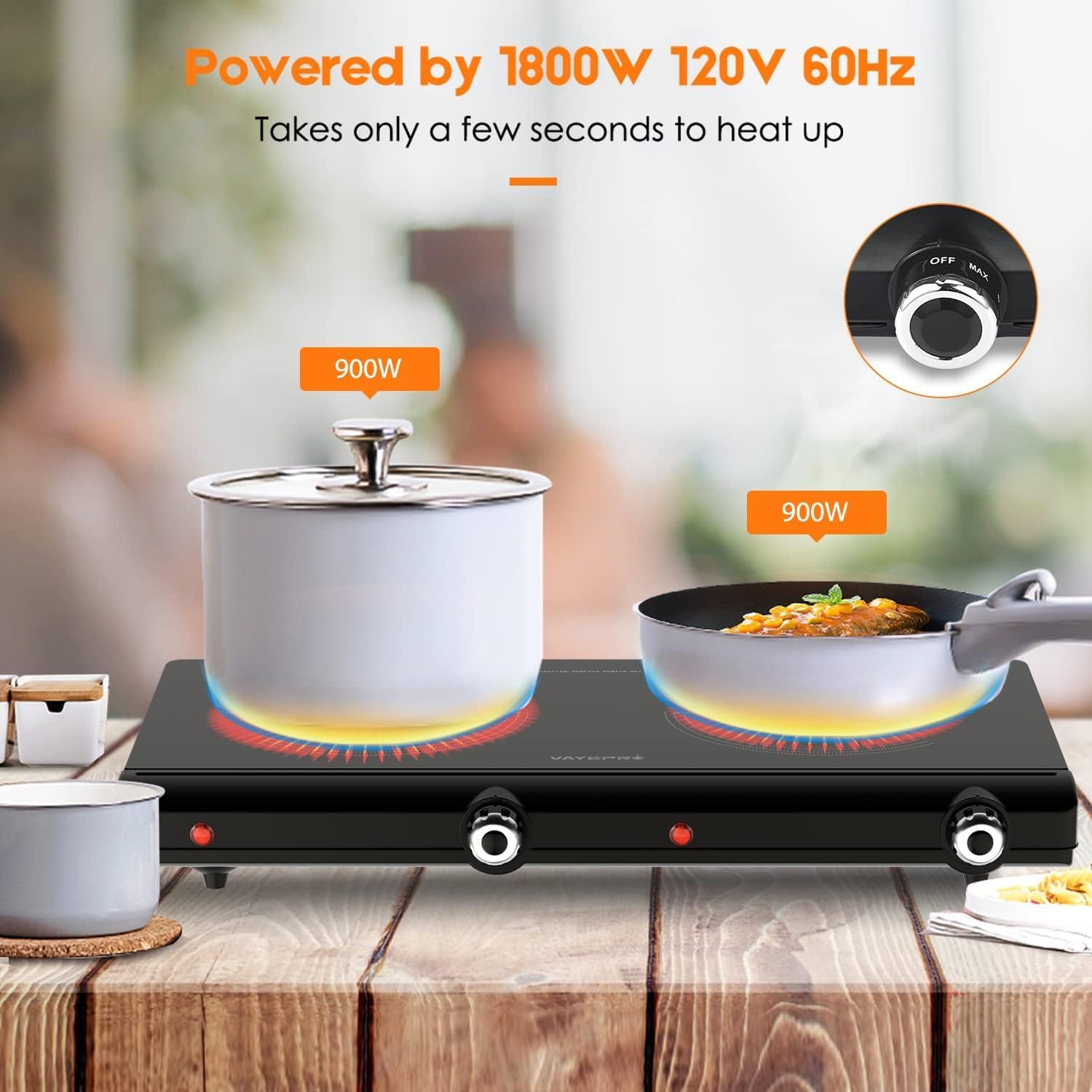 Infrared Double Burner Electric Cooktop, 1800W Portable Electric Stove, 2 Burner Countertop Cooktop for Dorm, Works with Most Cookware