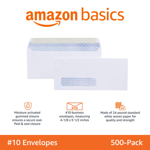 Amazon Basics #10 Security-Tinted Self-Seal Business Envelopes with Left Window, Peel & Seal Closure - 500-Pack, White