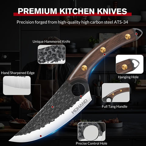 MDHAND Butcher Knife Set, Viking Kitchen Serbian Chef Knife Set with Bag