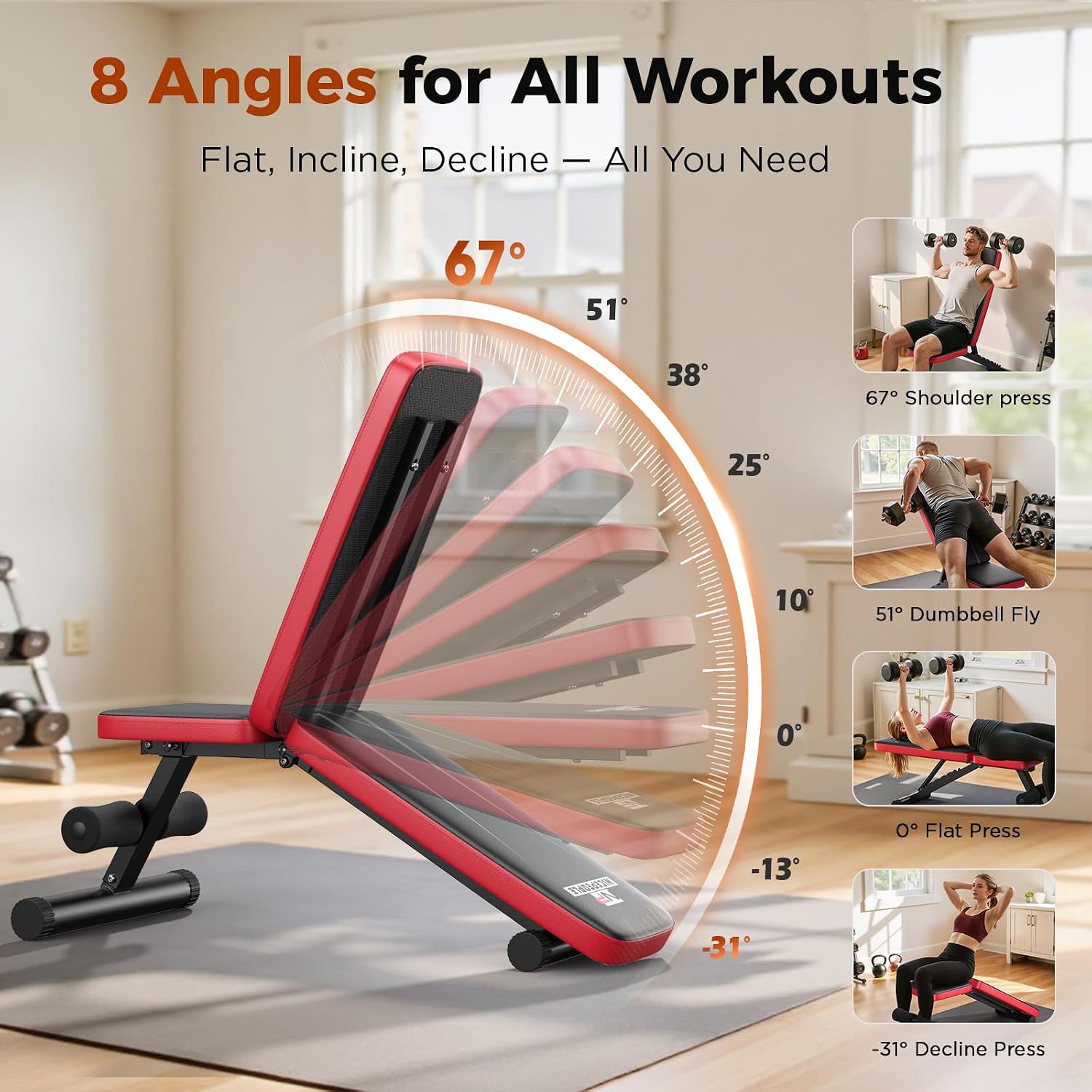 NICEPEOPLE Adjustable Weight Bench for Home Gym, 660LBS Capacity Workout Bench with 8 Backrests for Chest Shoulders Arms, Compact and Foldable Strength Bench for Small Space Apartment Room