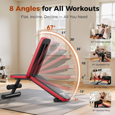 NICEPEOPLE Adjustable Weight Bench for Home Gym, 660LBS Capacity Workout Bench with 8 Backrests for Chest Shoulders Arms, Compact and Foldable Strength Bench for Small Space Apartment Room