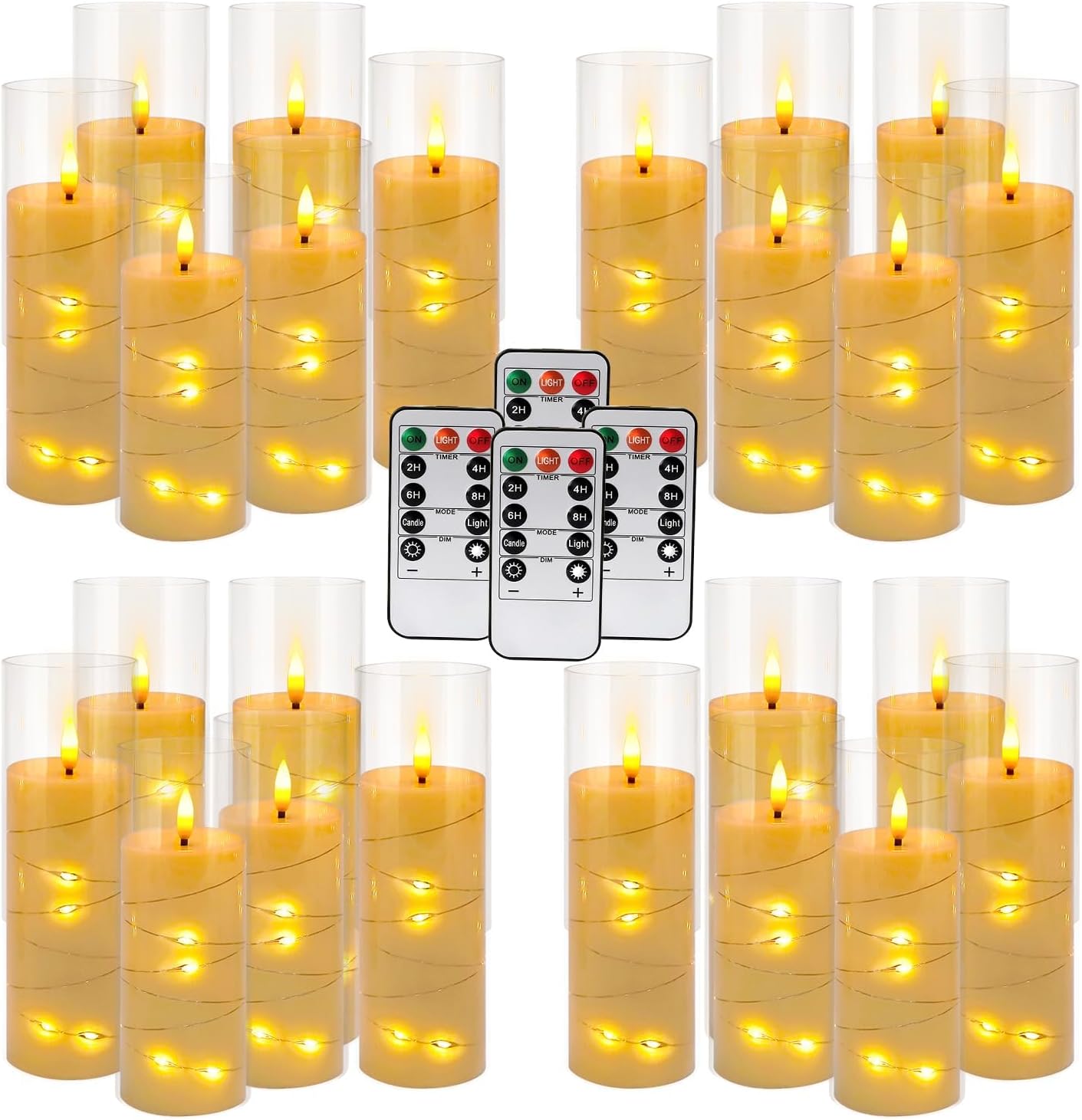 24 Pcs LED Flameless Candles with Remote, 3D Flickering Flame & LED String Lights, Acrylic Clear Cylinder, Timer Function, Romantic Ambience for Home Decor, Party, Wedding (Ivory).