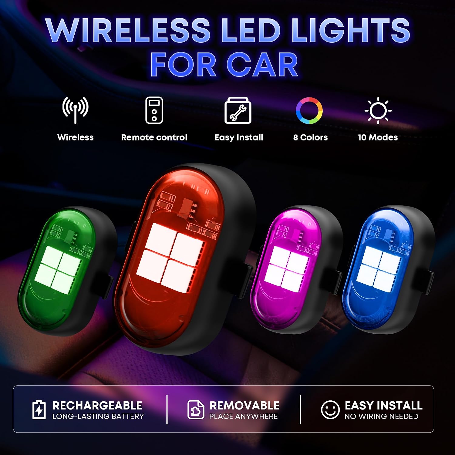 Wireless LED Lights for Car, Rechargeable Interior Car Lights