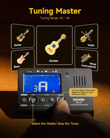 Donner Metronome Tuner for All Instruments - Guitar, Bass, Violin, Ukulele, Trumpet, Chromatic, Clarinet, Flute, 3 in 1 Digital Metronome with Tuner/Metronome/Tone Generator, DMT-01