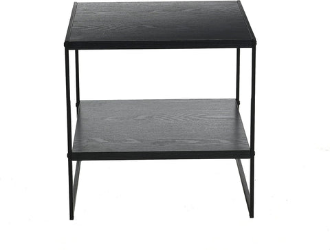 Household Essentials Square Side End Table with Storage Shelf, Oak Wood Grain and Black Metal Frame, Black