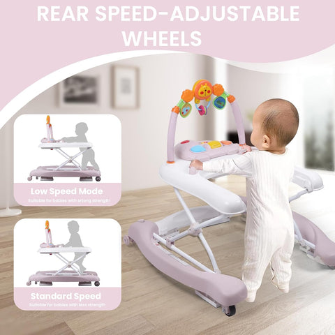 Boyro Baby Baby Walker, 5-in-1 Baby Walkers for Boys and Girls 6-12 Months with Bouncer, Removable Footrest, Feeding Tray & Music, Foldable & Adjustable Activity Walker for 6-18 Months Toddler Infant