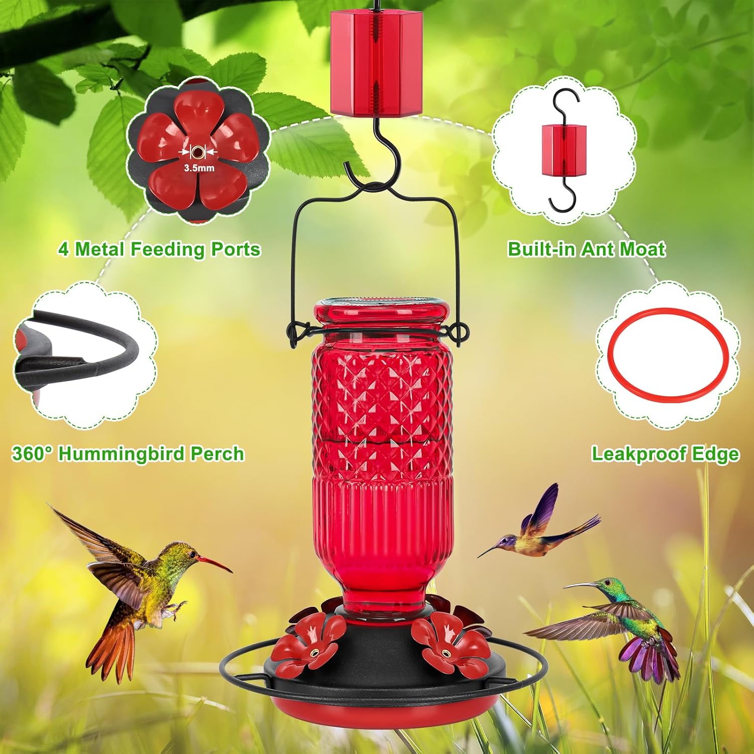 FEED GARDEN Glass Hummingbird Feeder for Outdoors Hanging, 16 oz Leak-Proof Nectar Feeder with Bee Guards & Ant Moat, 4 Metal Flower Feeding Ports, 360° Perch Ring, Easy Refill & Clean, Red
