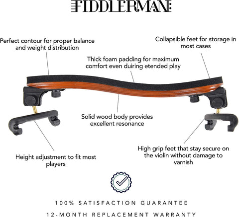 Fiddlerman Wood Violin Shoulder Rest for 4/4 and 3/4 with Collapsible and Height Adjustable Feet